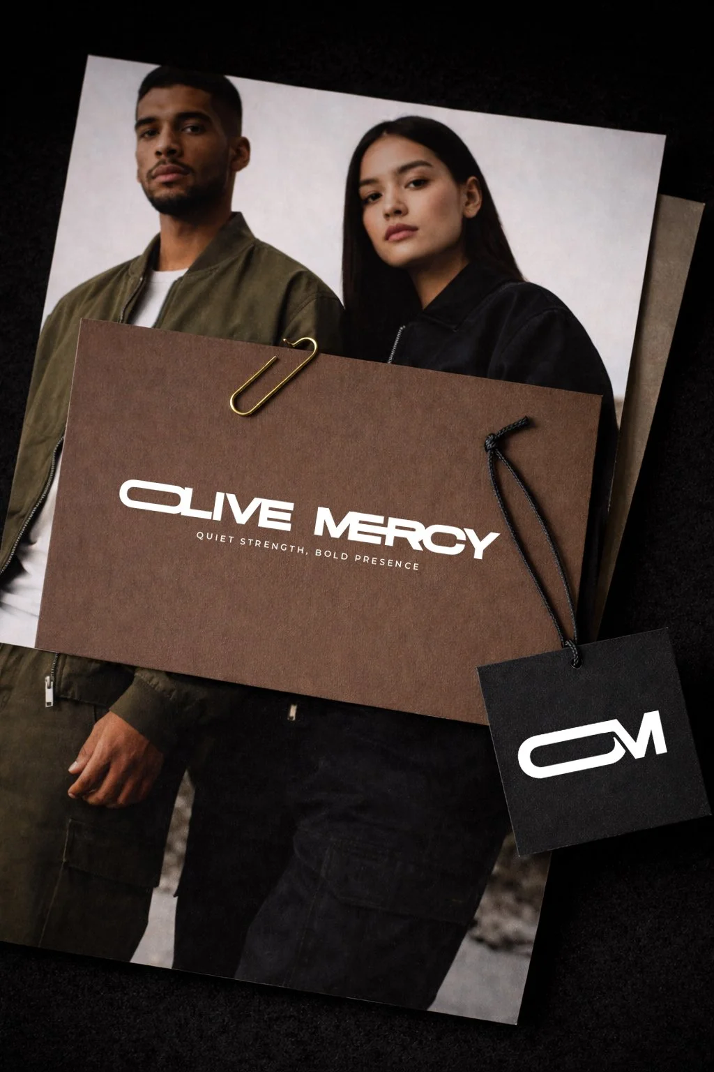 Olive Mercy editorial branding mockup featuring a printed campaign image, brown brand card and black swing tag with the OM logo.