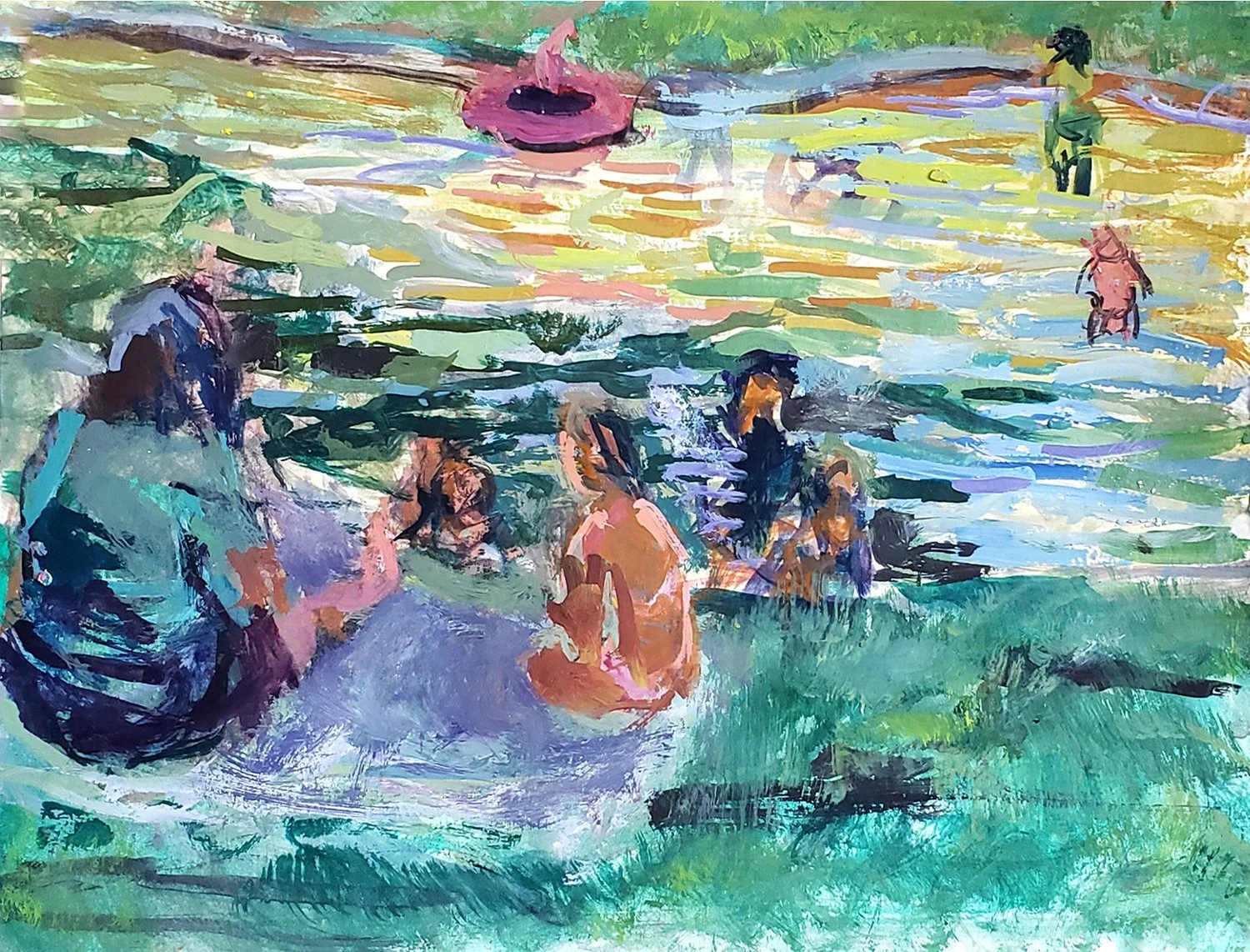 Greenlake Waders II, casein and egg tempera on paper, 17"X14" 2022