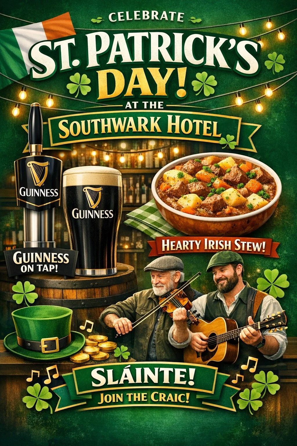 🍀 St Patrick&rsquo;s Day at the Southwark Hotel! 🍀
Get ready to celebrate in true Irish style this St Paddy&rsquo;s Day at the Southwark Hotel.

🍺 Guinness on Tap &ndash; poured fresh all day
🎶 Irish Music &ndash; toe‑tapping tunes to keep the en