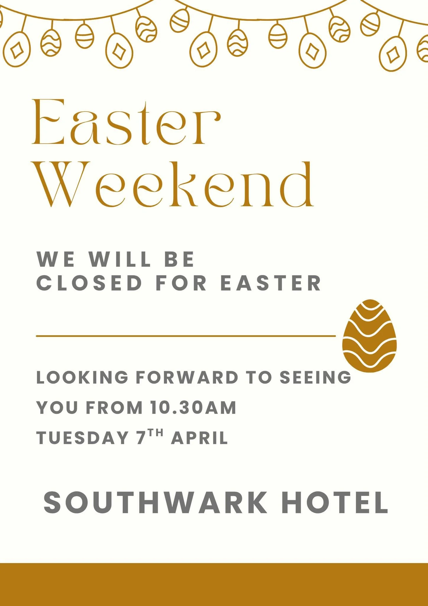 The Southwark Hotel will be closed from Good Friday through Easter Monday.

We&rsquo;ll be back on Tuesday, ready to welcome you again 🏨✨
Wishing everyone a safe and happy Easter break 🌷💛