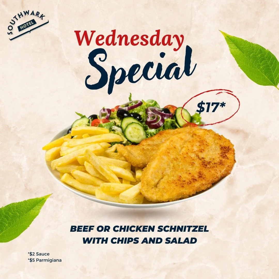 Let The Southwark Hotel take care of dinner tonight 🍽️
Our Chicken &amp; Beef schnitzels are just $17 today!
Served with Chips, Salad &amp; your choice of Sauce 😋

Available Lunch &amp; Dinner &bull; Dine‑In or Takeaway 
Why cook when you can schni