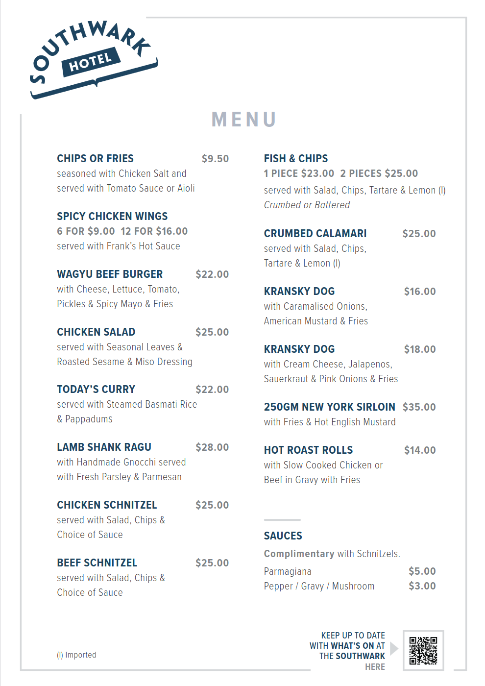 Southwark Hotel Menu July 2026