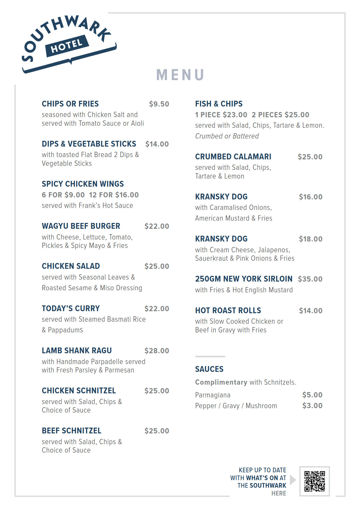 Southwark Hotel Menu Feb 2026