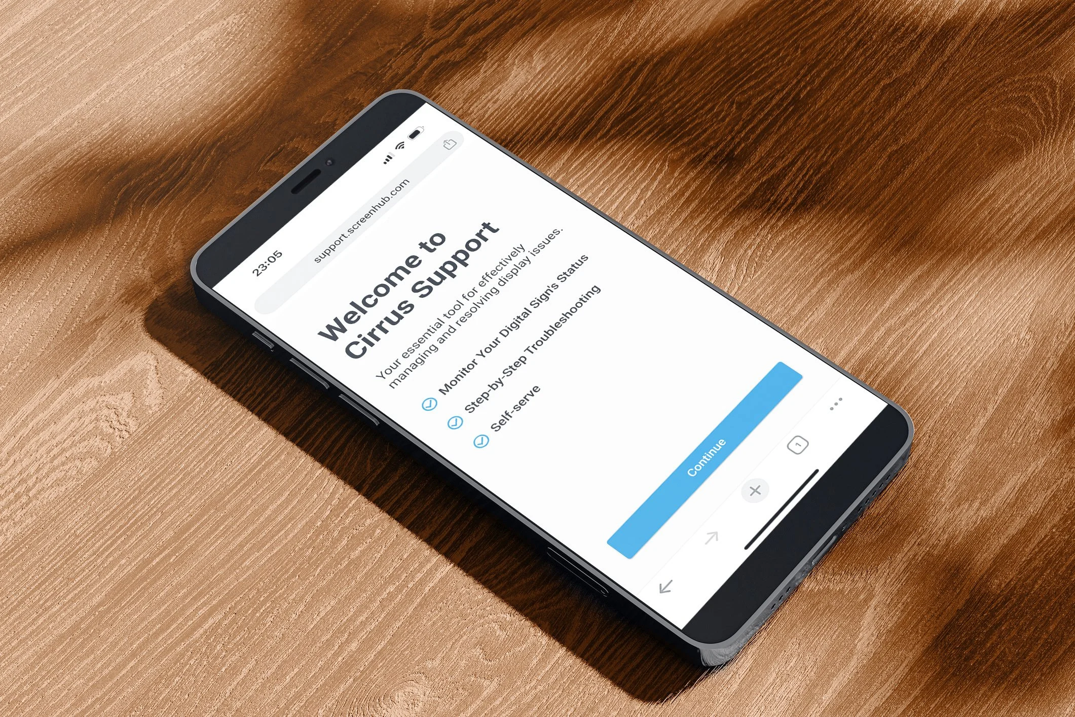 Smartphone on wooden table displaying a support webpage, with visible text about troubleshooting and a blue 'Continue' button.