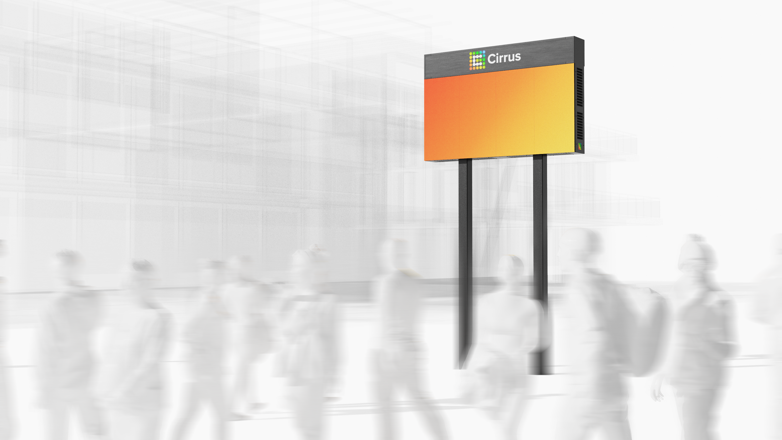An electronic billboard displaying the logo and name "Cirrus" with a stylized colorful dot pattern, situated in a modern indoor public space.