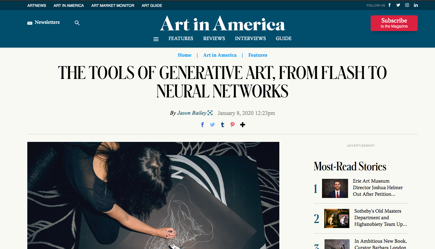 THE TOOLS OF GENERATIVE ART, FROM FLASH TO NEURAL NETWORKS by Jason Bailey for ART IN AMERICA 