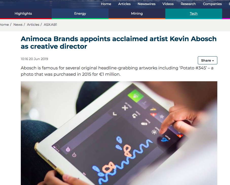 ANIMOCA BRANDS APPOINTS ACCLAIMED ARTIST KEVIN ABOSCH AS CREATIVE DIRECTOR