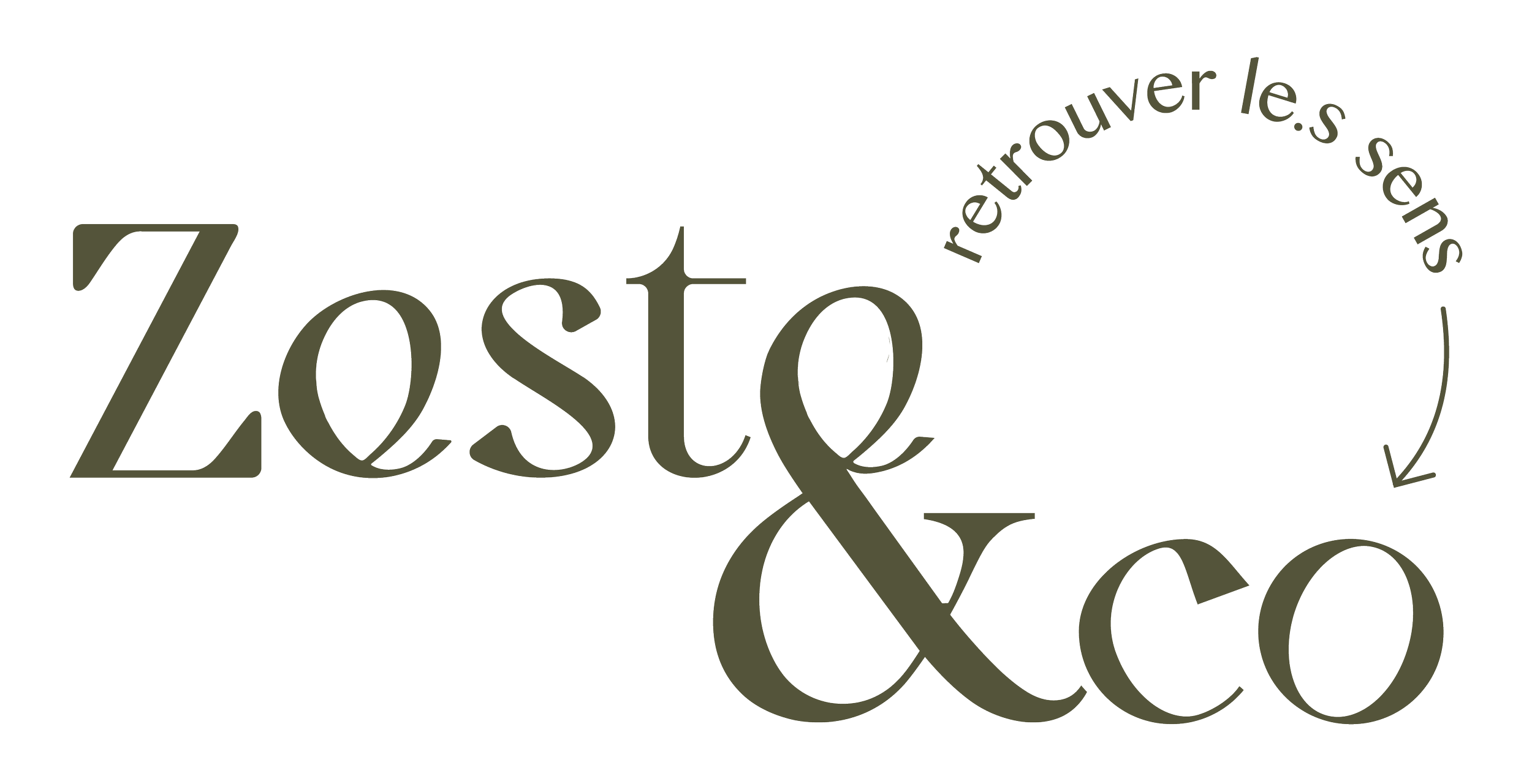 Logo avec le texte 'Zesto & Co' en gros caractères, avec une flèche circulaire indiquant 'retrouvez le.s sens'.