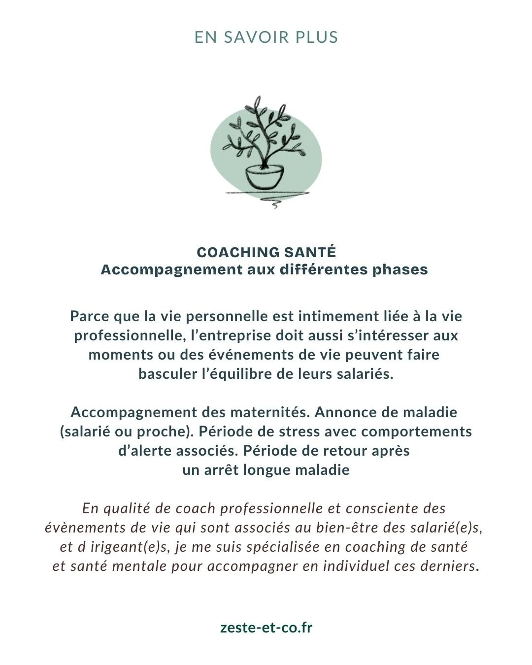 Une affiche de coaching santé avec une illustration d'une plante en pot, expliquant l'accompagnement lors de différentes phases de vie, y compris la vie professionnelle, la maternité et la gestion du stress, avec un accent sur le bien-être des salariés.