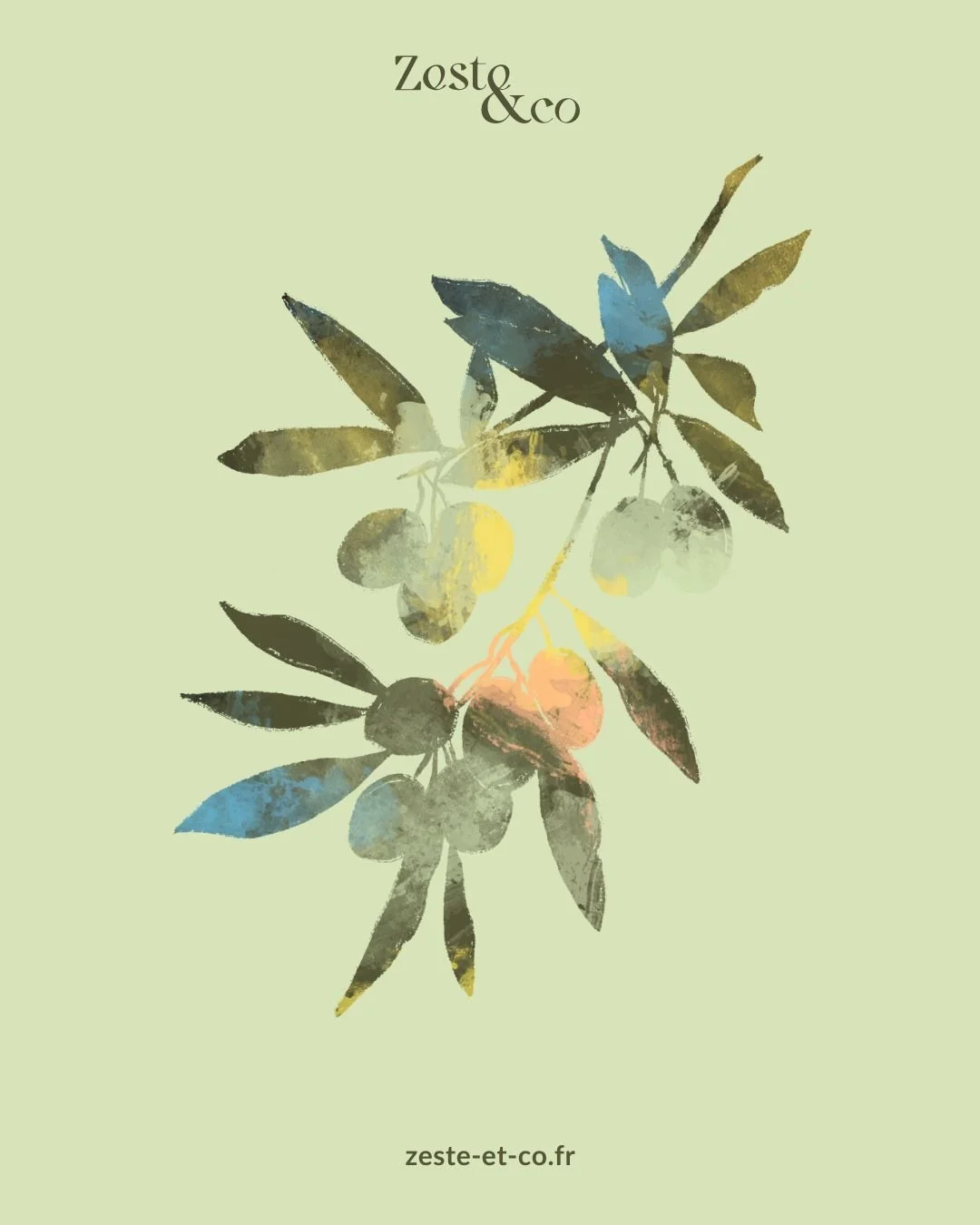 Une illustration de feuilles et de fruits, avec le texte 'Zesto&co' en haut et 'zeste-et-co.fr' en bas, sur un fond vert clair.