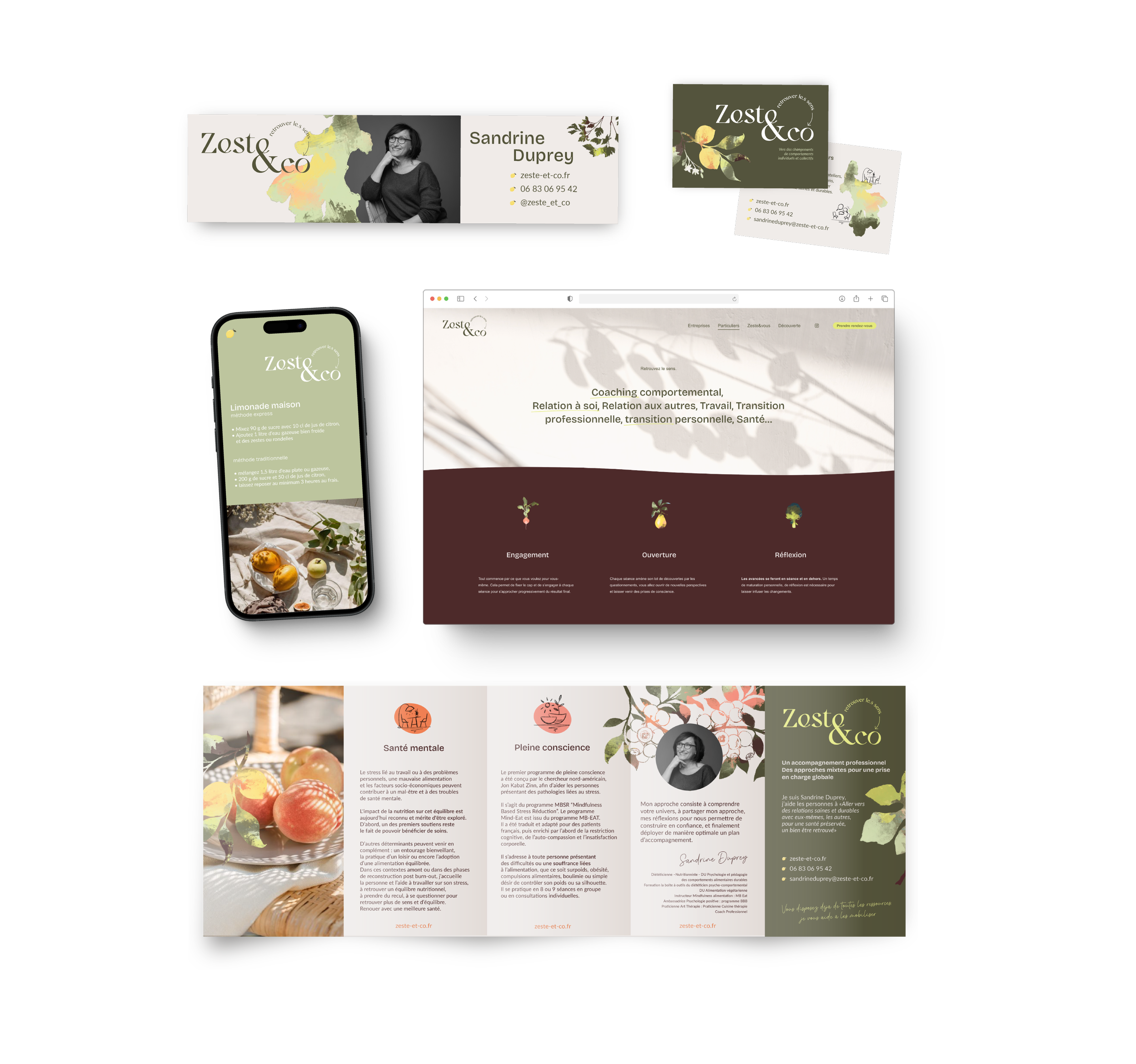 Matériel de branding et site internet pour Zost&co, coaching comportemental. Inclut une carte de visite, un panneau d'affichage, un site web sur ordinateur et smartphone, et une brochure avec des textes sur la santé mentale, la pleine conscience et l'accompagnement professionnel.