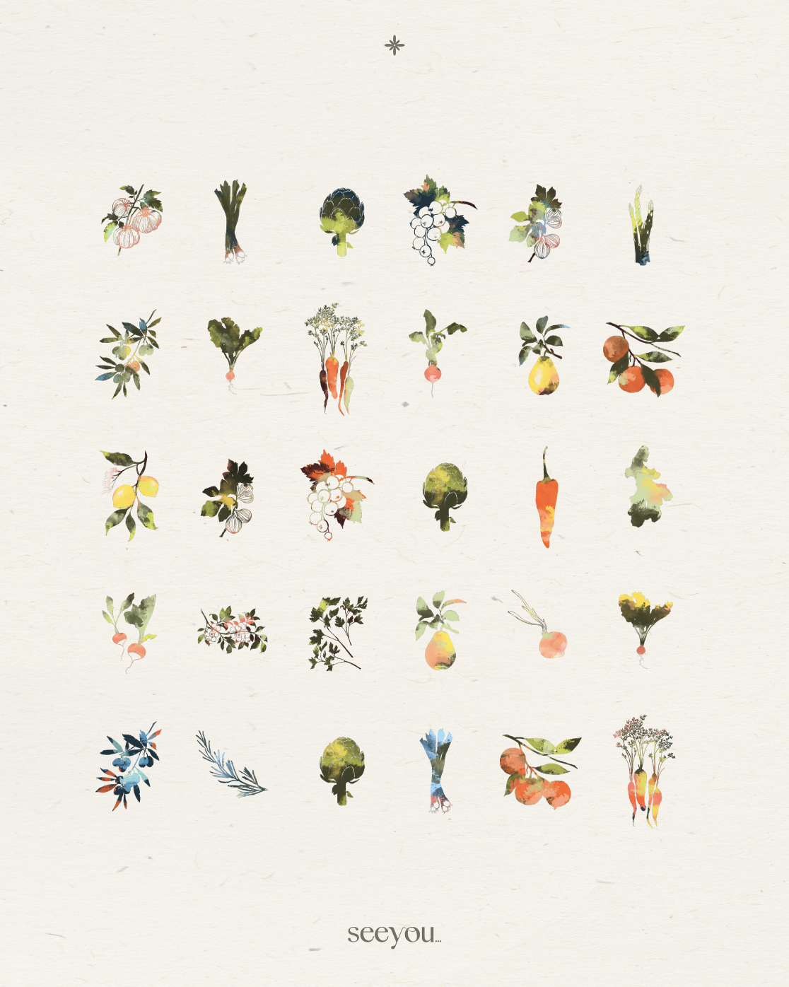 Une illustration artistique composée de différentes images de légumes et de fruits, organisés en lignes. En dessous, écrit "seeyou".