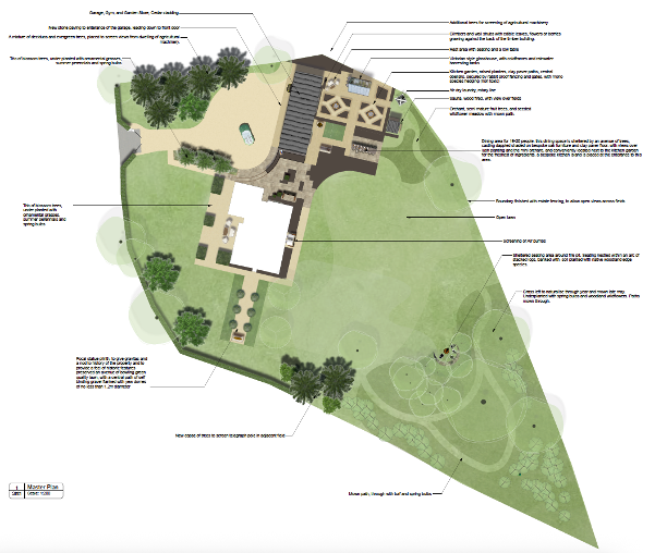 Site plan of a property showing a house with surrounding landscaped areas, including trees, a pond, a patio, pathways, and outdoor amenities.