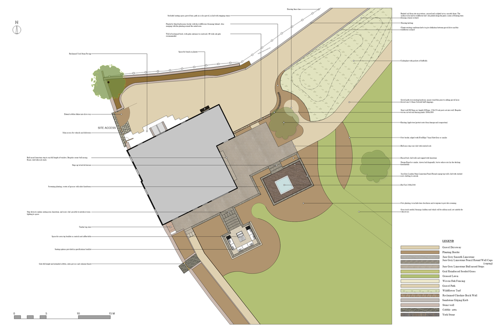 Garden design masterplan for Home Lodge in Nannerch showing driveway, seating areas and planting