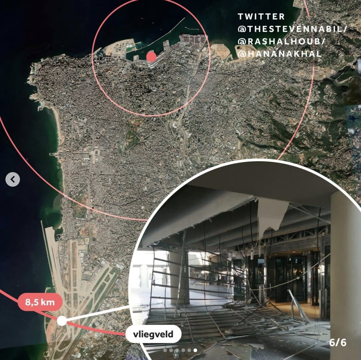 Mapped and verified videos circulating on Instagram during the Beirut explosion in August 2020, showing each location and its distance from the blast for spatial context.
