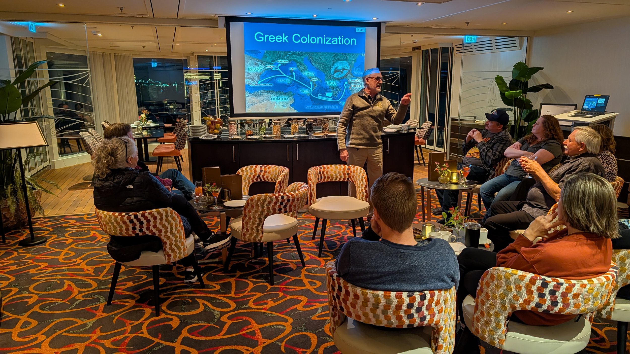 Cicerone Ken Smith gives an enrichment talk on beer on AmaWaterways Celebration of Beer cruise on AmaLucia.