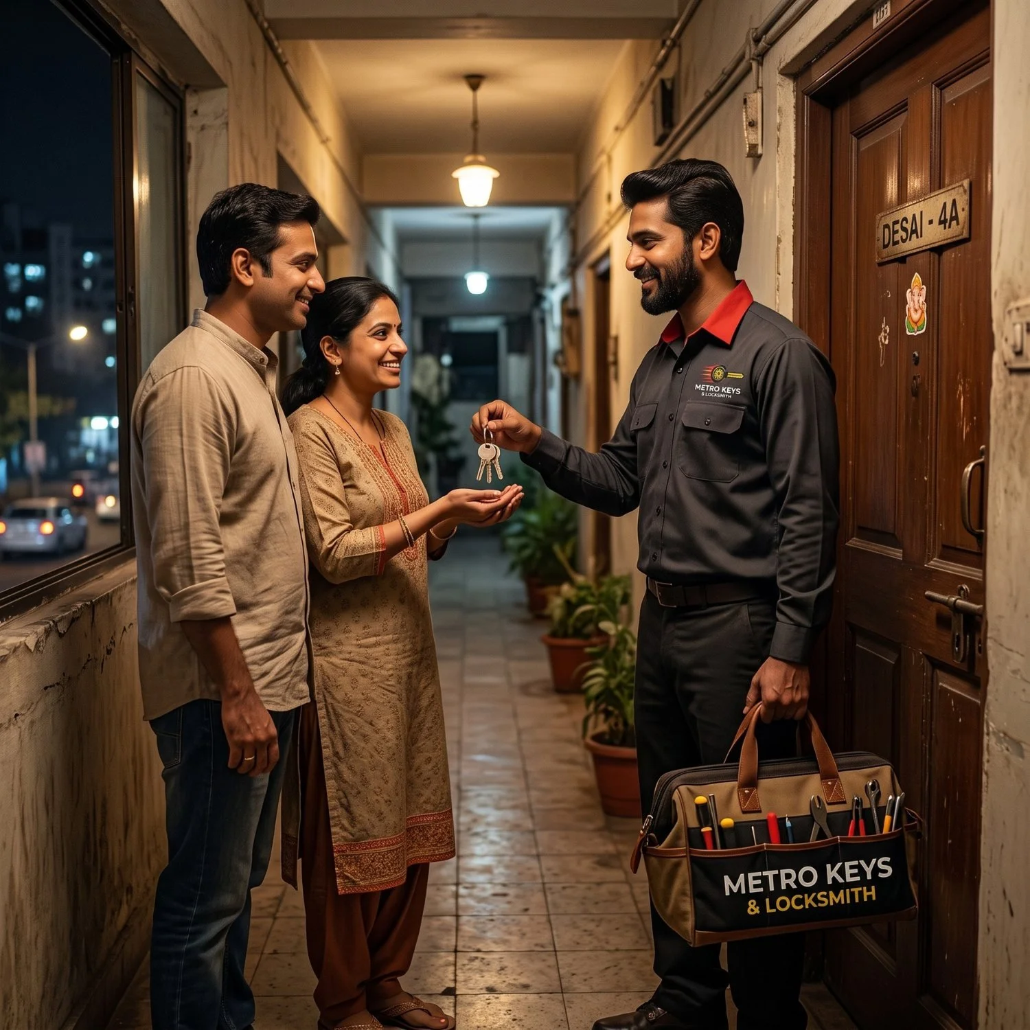 Locksmith Website Demo — Mumbai Key Maker — Build a Professional Site for Key‑Making & Key‑Duplication Services - Vikram Desai of Metro Keys & Locksmith handing new keys to a relieved couple in Mumbai.