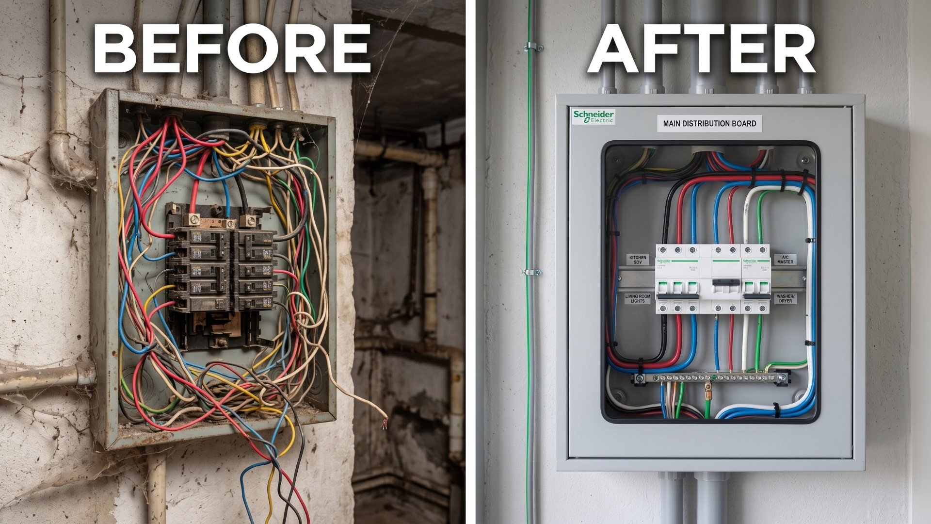 Before and after comparison of a messy electrical panel upgraded to a safe, organized distribution board