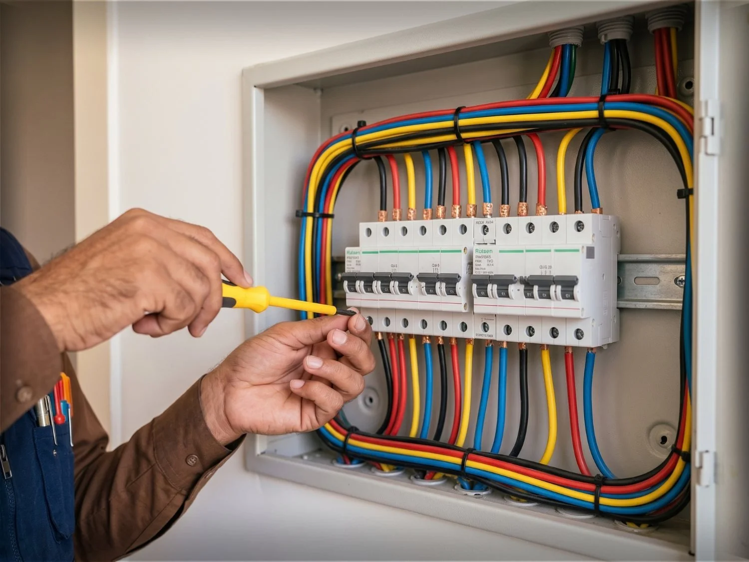 Clean distribution board DB box dressing with labeled circuit breakers installed in Burewala.