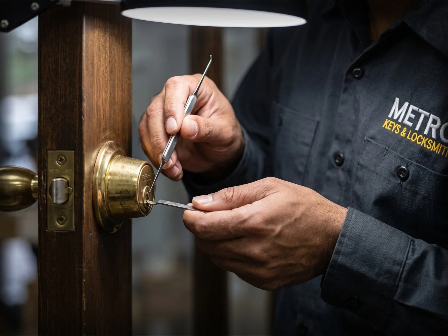 Locksmith from Metro Keys expertly unlocking a residential door lock.