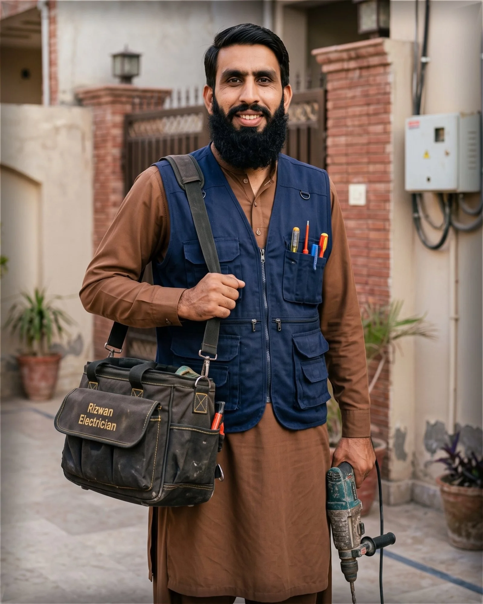 Rana Rizwan expert electrician in Burewala holding professional tools and wearing work uniform.