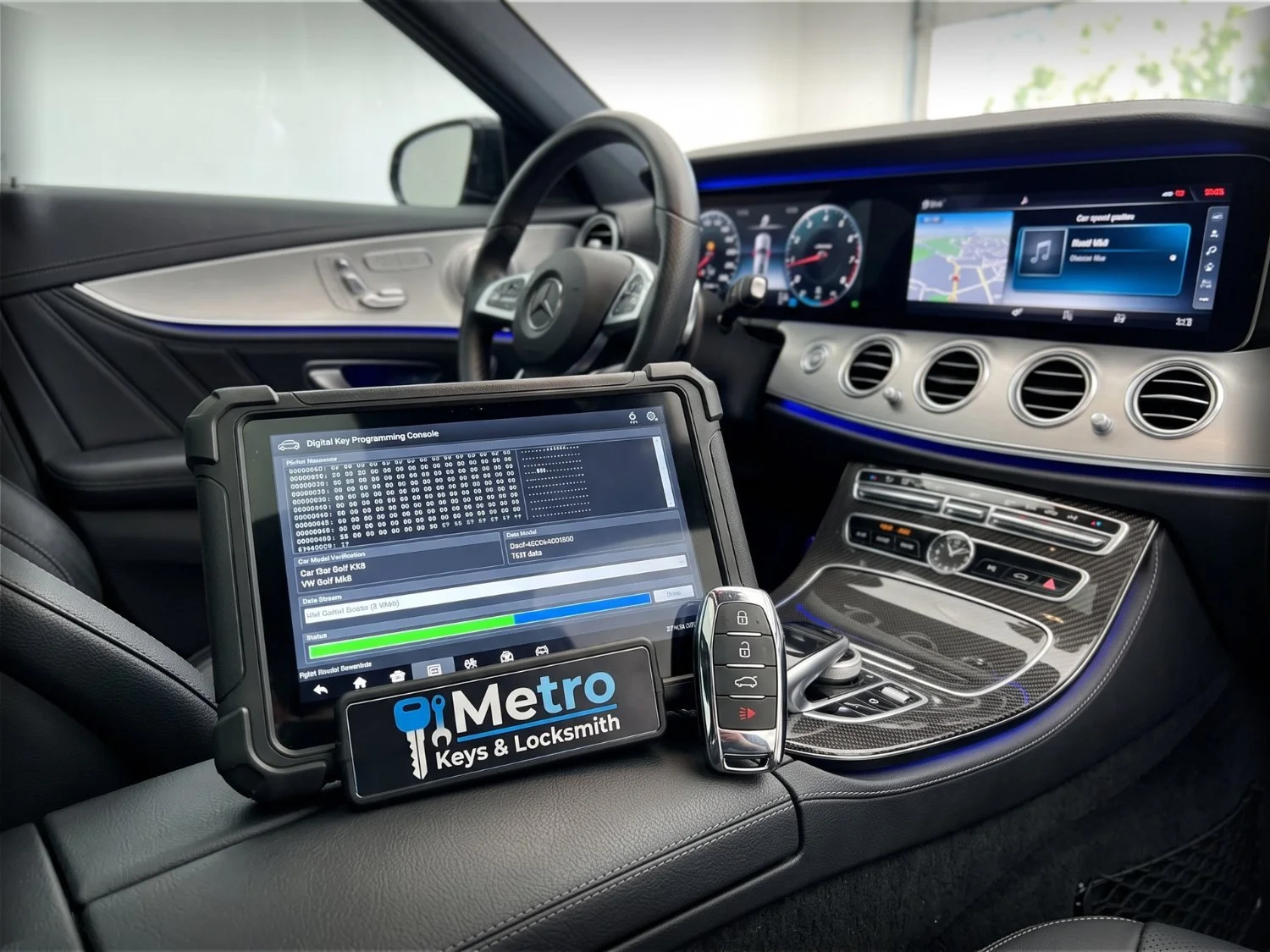 Metro Keys & Locksmith diagnostic tablet programming a smart car key fob.