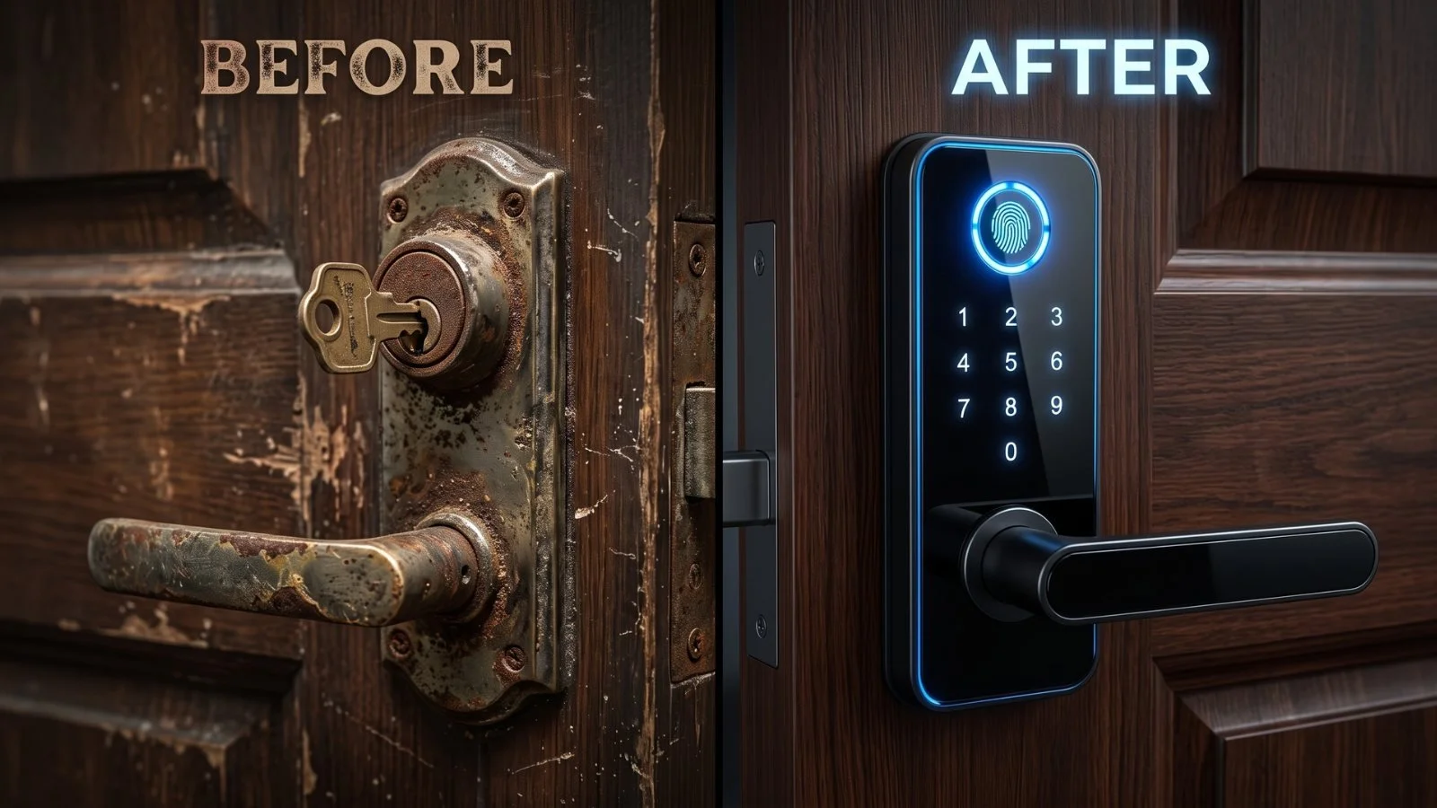 Before and after comparison of an old rusted lock replaced by a modern digital smart lock.