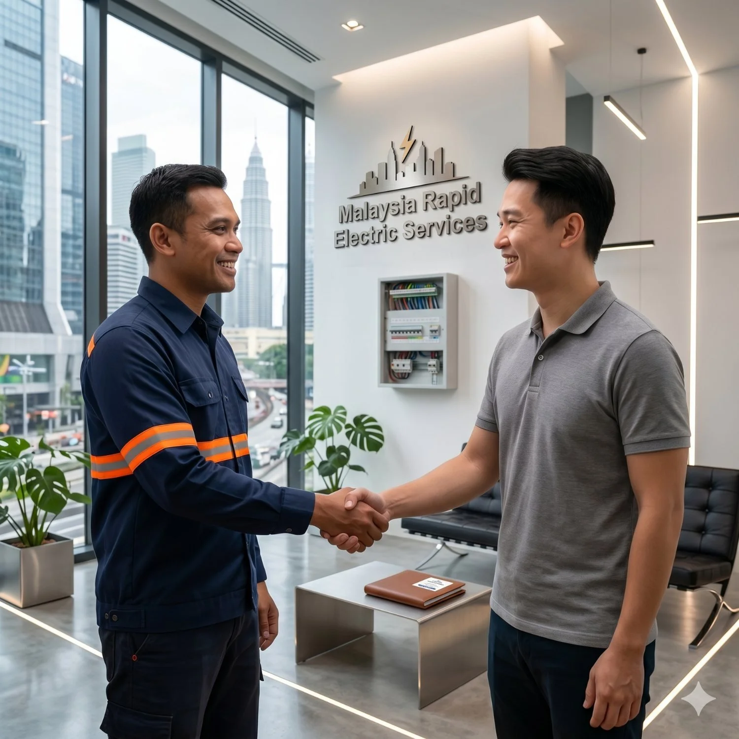 Ahmad Faizal from Malaysia Rapid Electric Services shaking hands with a relieved client in a Kuala Lumpur condo