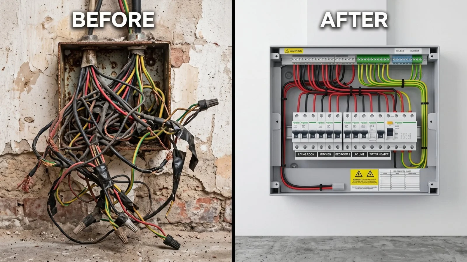 Before and after electrical panel transformation showing neat circuit breaker dressing by Rizwan Electrician Burewala.