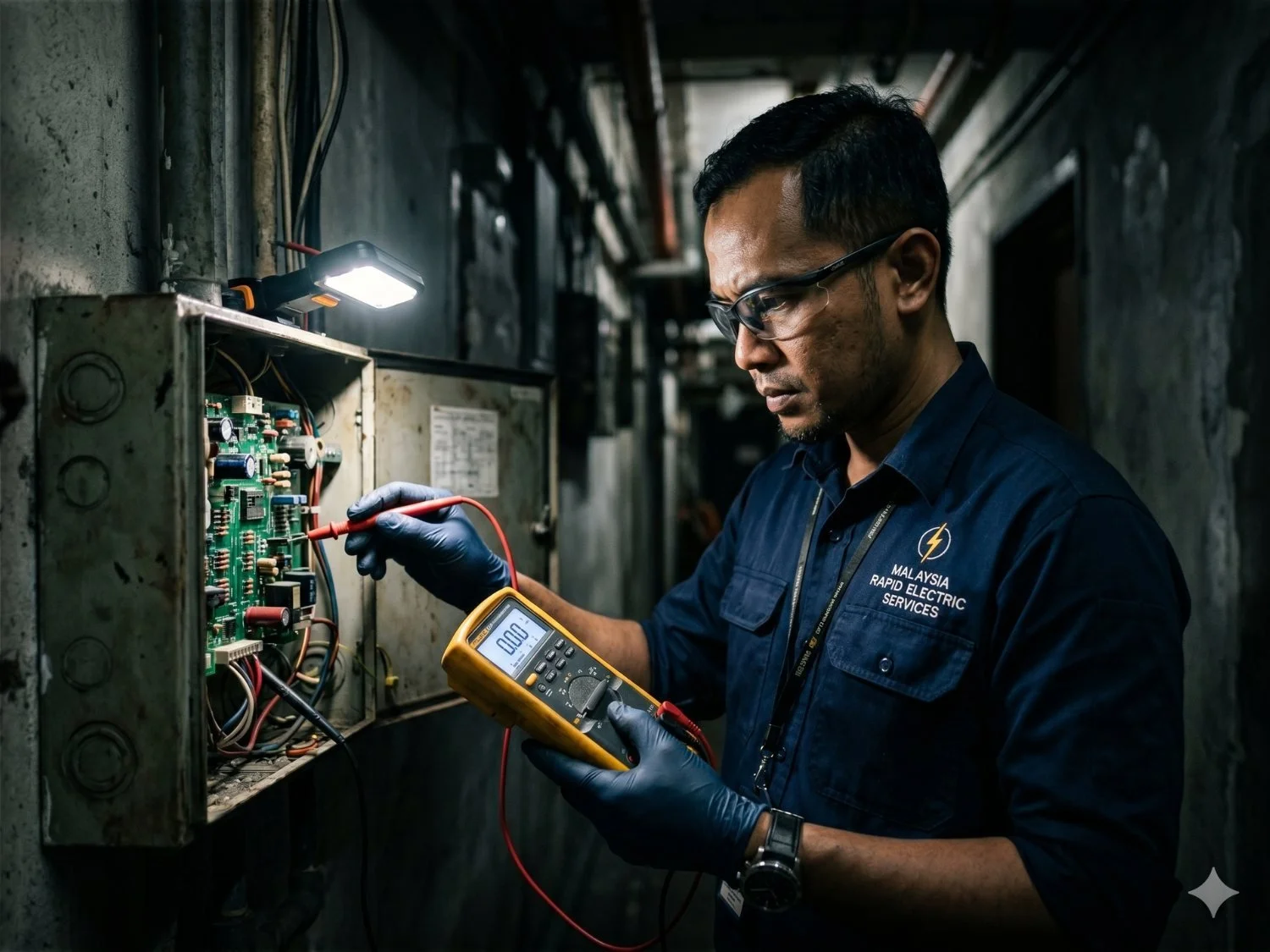 Ahmad Faizal of Malaysia Rapid Electric Services testing a circuit board during an emergency call-out