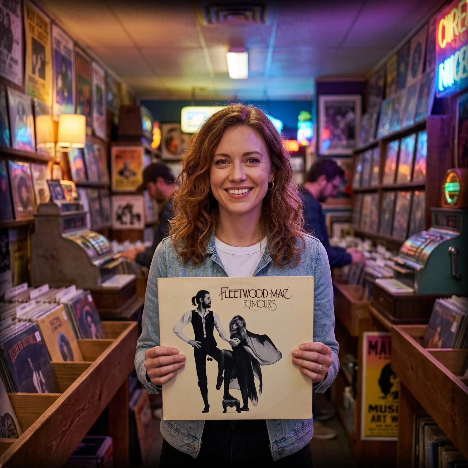 Austin woman holding a vinyl record. Get your own personal hub engineered by Dozro.