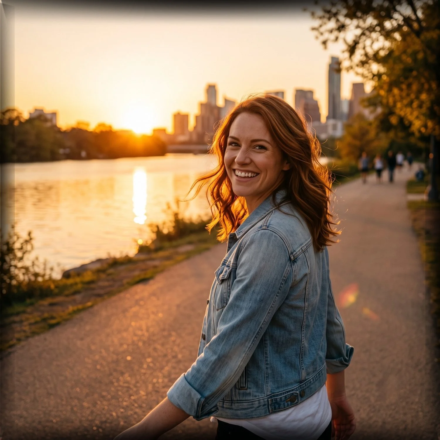USA Caucasian woman walking at sunset in Austin. Dozro builds premium, mobile-ready personal websites for everyone.
