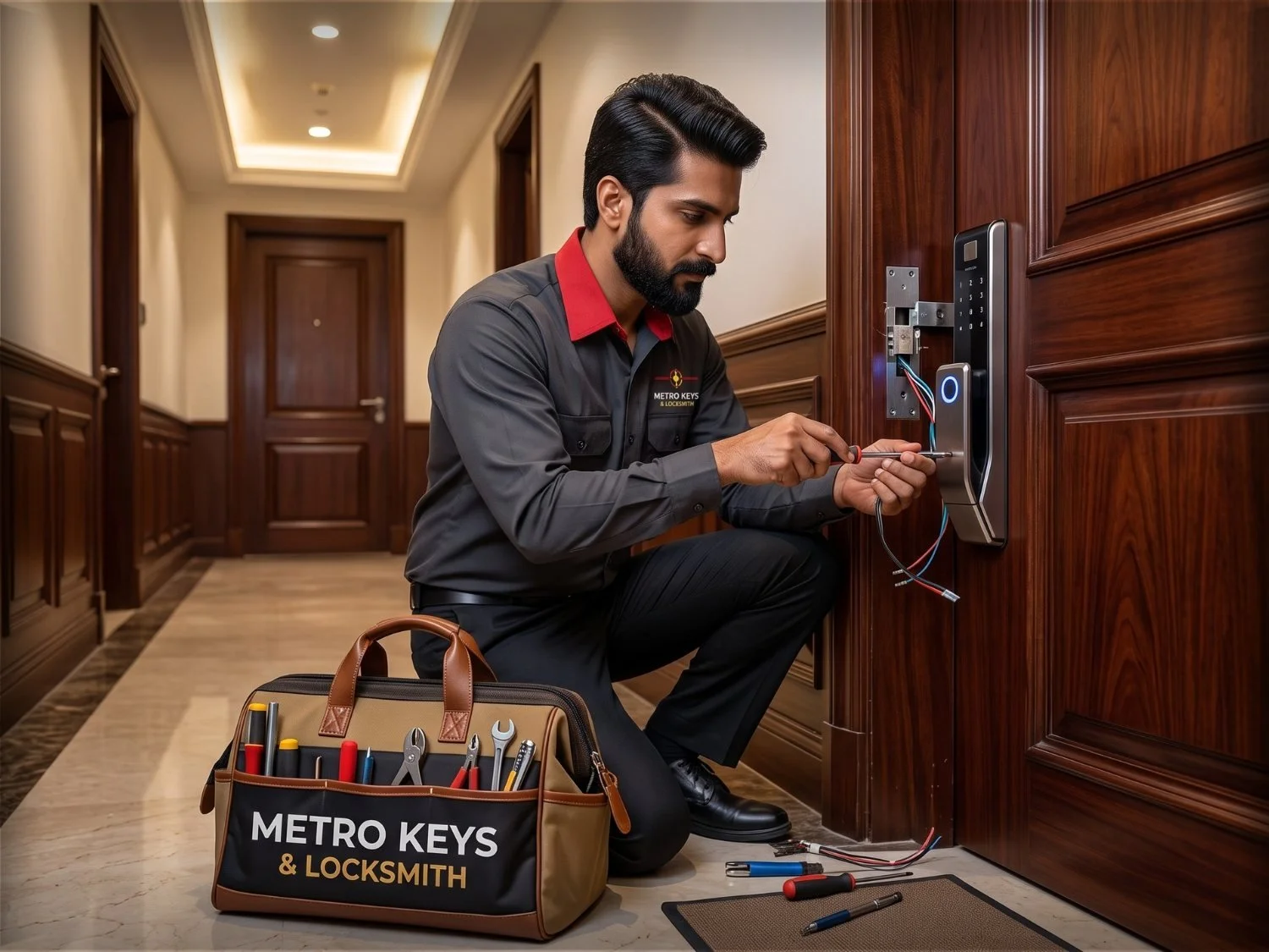 Installing a high-tech biometric smart lock on a premium wooden door.