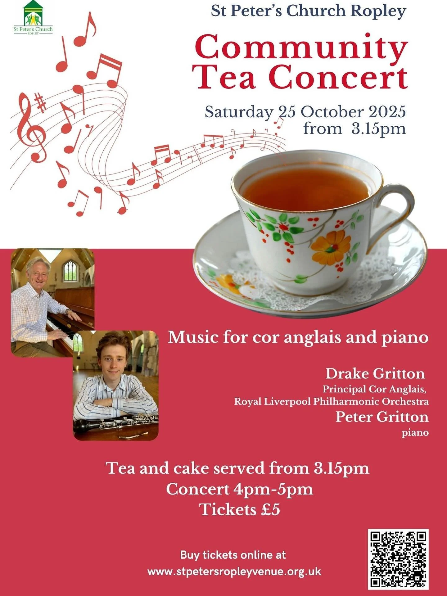 Join us for our next Community Tea Concert on Saturday 25 October. Ropley’s own Peter Gritton on the piano accompanying his son Drake, Principal Cor Anglais, Royal Liverpool Philharmonic Orchestra. 
Another extraordinary concert at St Peter&rs