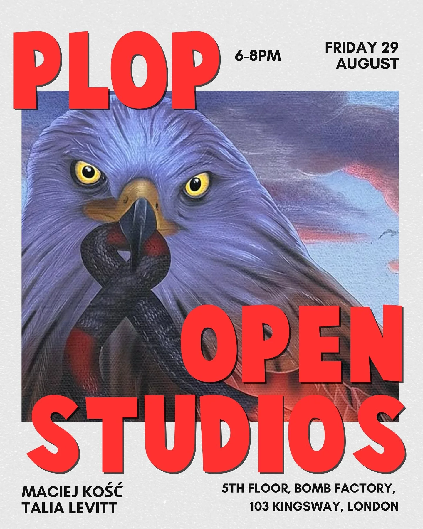 Join us next Friday for the upcoming PLOP Open Studios in our new home ‼️

📅 Friday 29th August 2025
⏰ 6-8PM
📍5th Floor, 103 Kingsway, Holborn, London @thebombfactoryartfoundation 

🙌 This month we are celebrating current residents @tallevitt and 