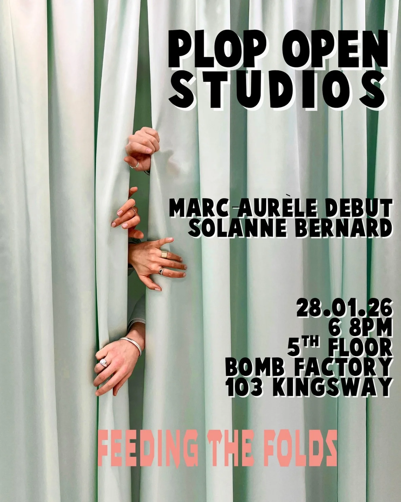 JOIN US NEXT WEDNESDAY! 🙌

We will be opening: &nbsp;Feeding the Folds, a duo exhibition and Open Studios by @marcaureledebut&nbsp;➕&nbsp;@solannebernard!

Please join us! 🕺
🗓️ Wednesday 28 January
⏰ 6-8PM 
📍&nbsp;@thebombfactoryartfoundation&nbs