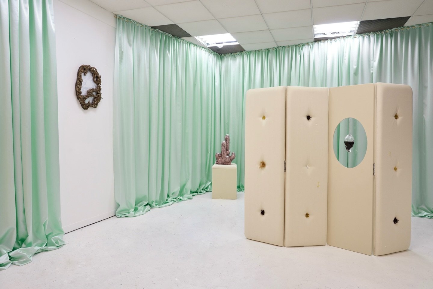 Installs from &lsquo;Feeding the Folds&rsquo; by January Residents @marcaureledebut and @solannebernard 👀

Thank you so much to everyone who came to the opening - it was such a lovely evening! 

Glasswork vessel by @dispensaryofsensory 

📸 @joanna_