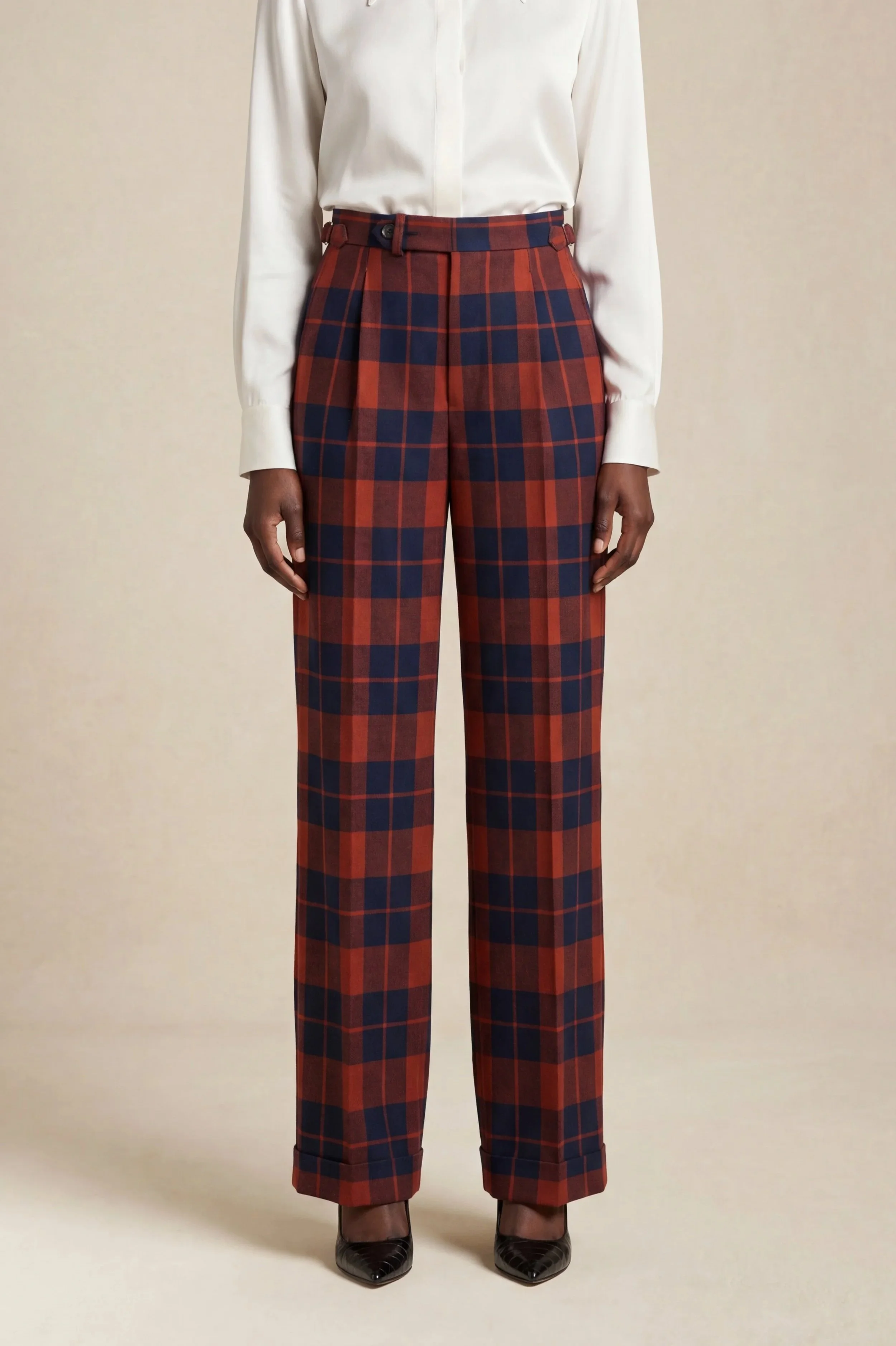 Pantalon en laine à carreaux orange et bleu