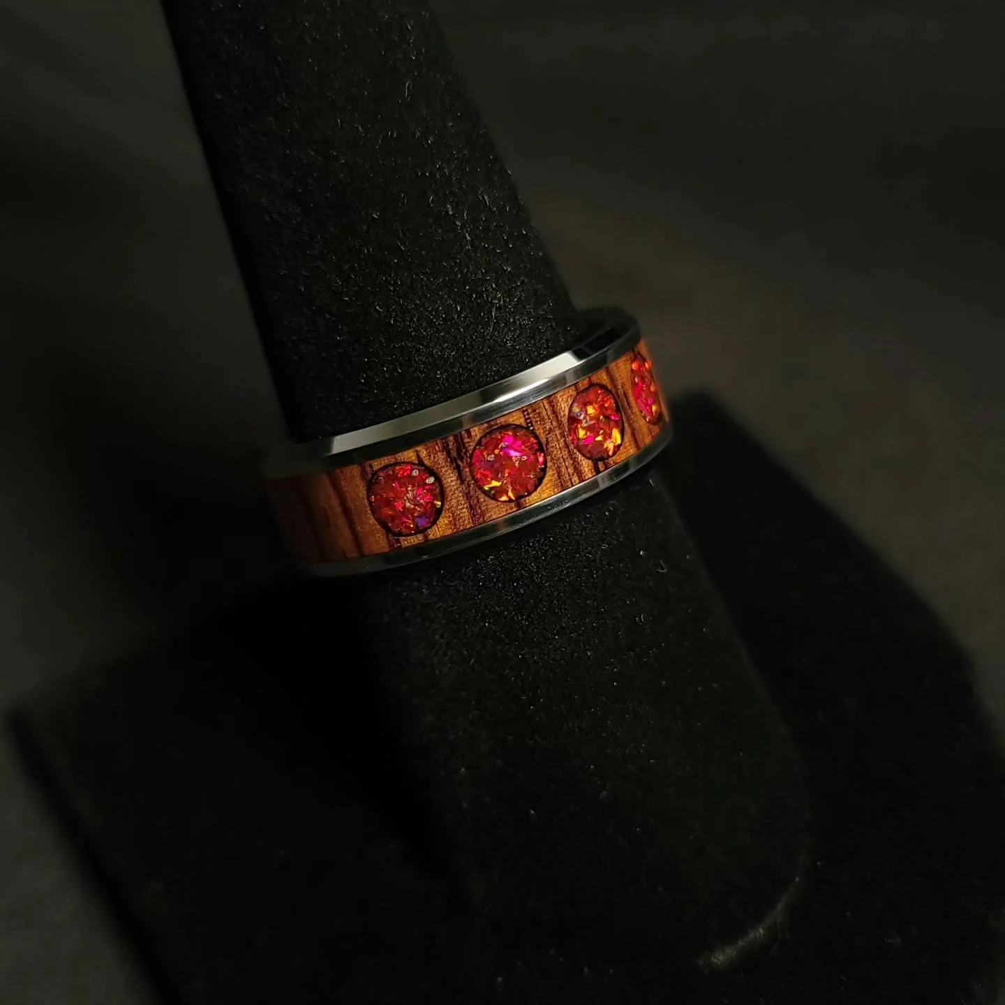 Cocobolo Inlay with Ruby Flame Opal Circles