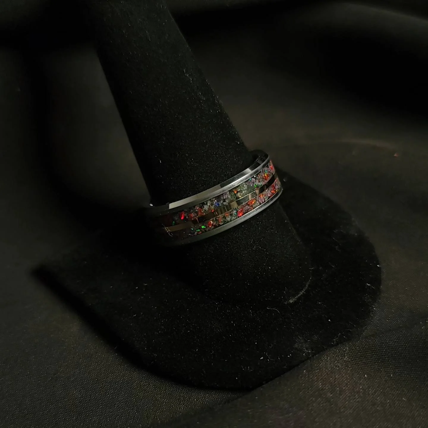 14k Gold Channeled Ruby Emerald Black Emerald & Fire Red Opal.