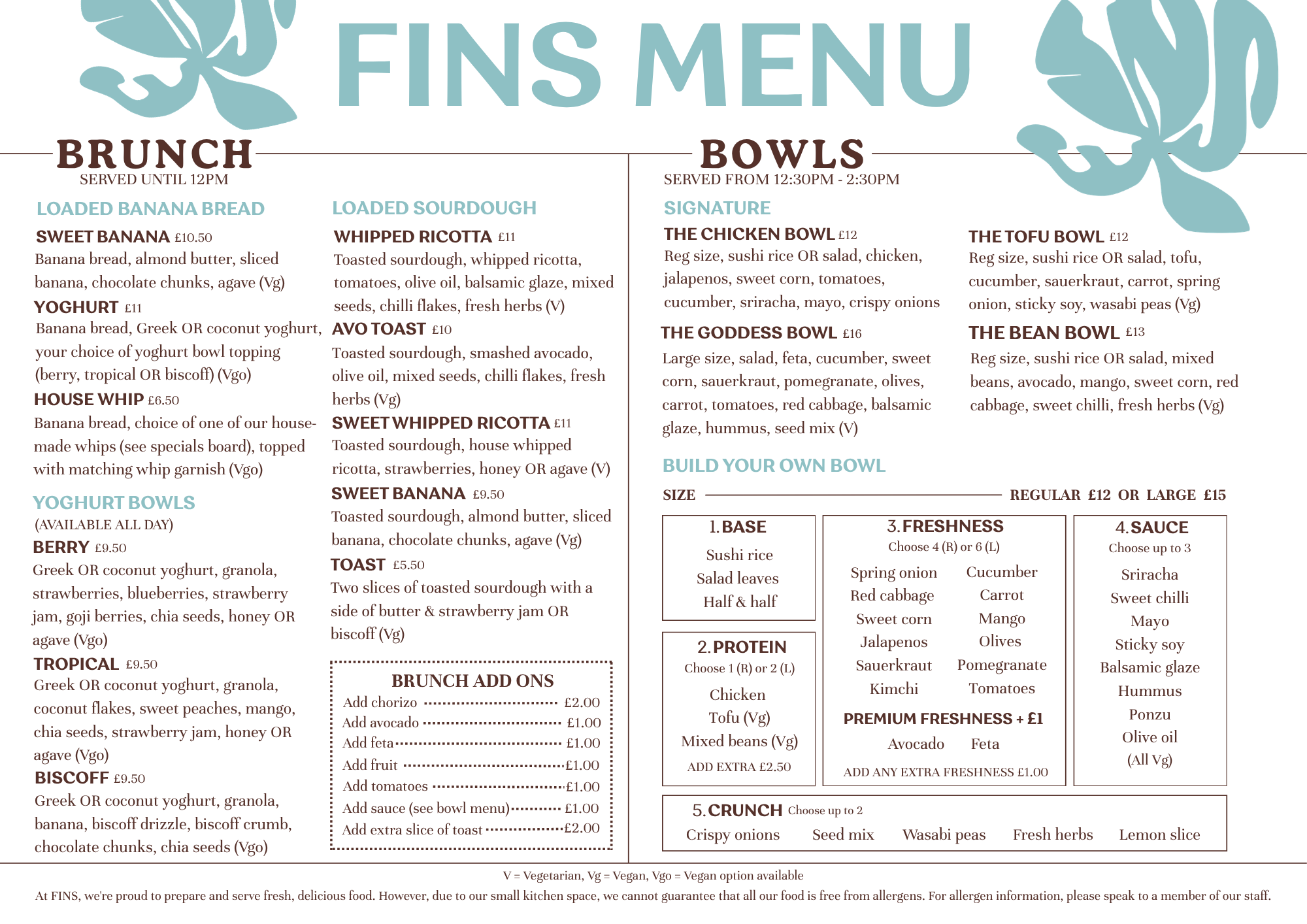 FINS menu featuring brunch and bowl options with descriptions and prices