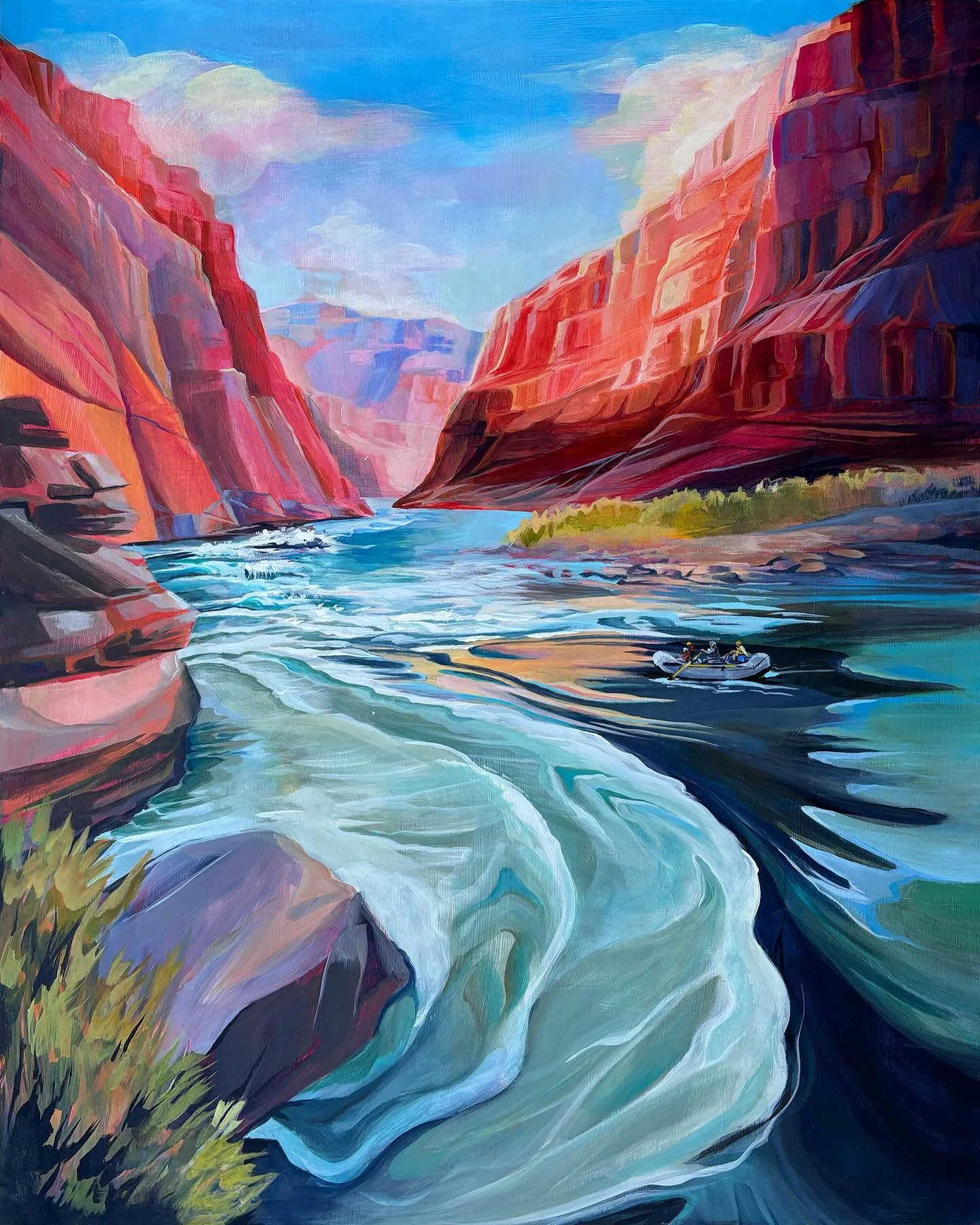 &lsquo;House Rock&rsquo; acrylic, 24x30 *commissioned work*

For this one the client wanted to commemorate trips with his family in the canyon, while capturing the towering red walls and whitewater.

Once we decided on House Rock rapid, I really want