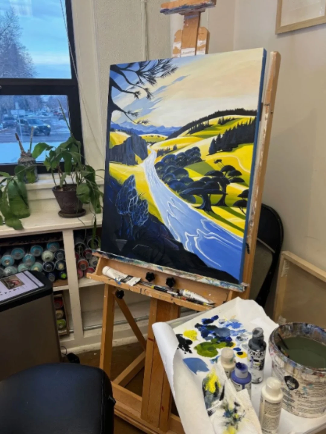 Dearborn Again
Acrylic on wood &middot; 24&times;30 &middot; wood floater frame

Stylistically, this painting is a quiet nod to Eyvind Earle. His background illustrations for Disney films in the 1950s shaped so much of my visual language as a kid.

H