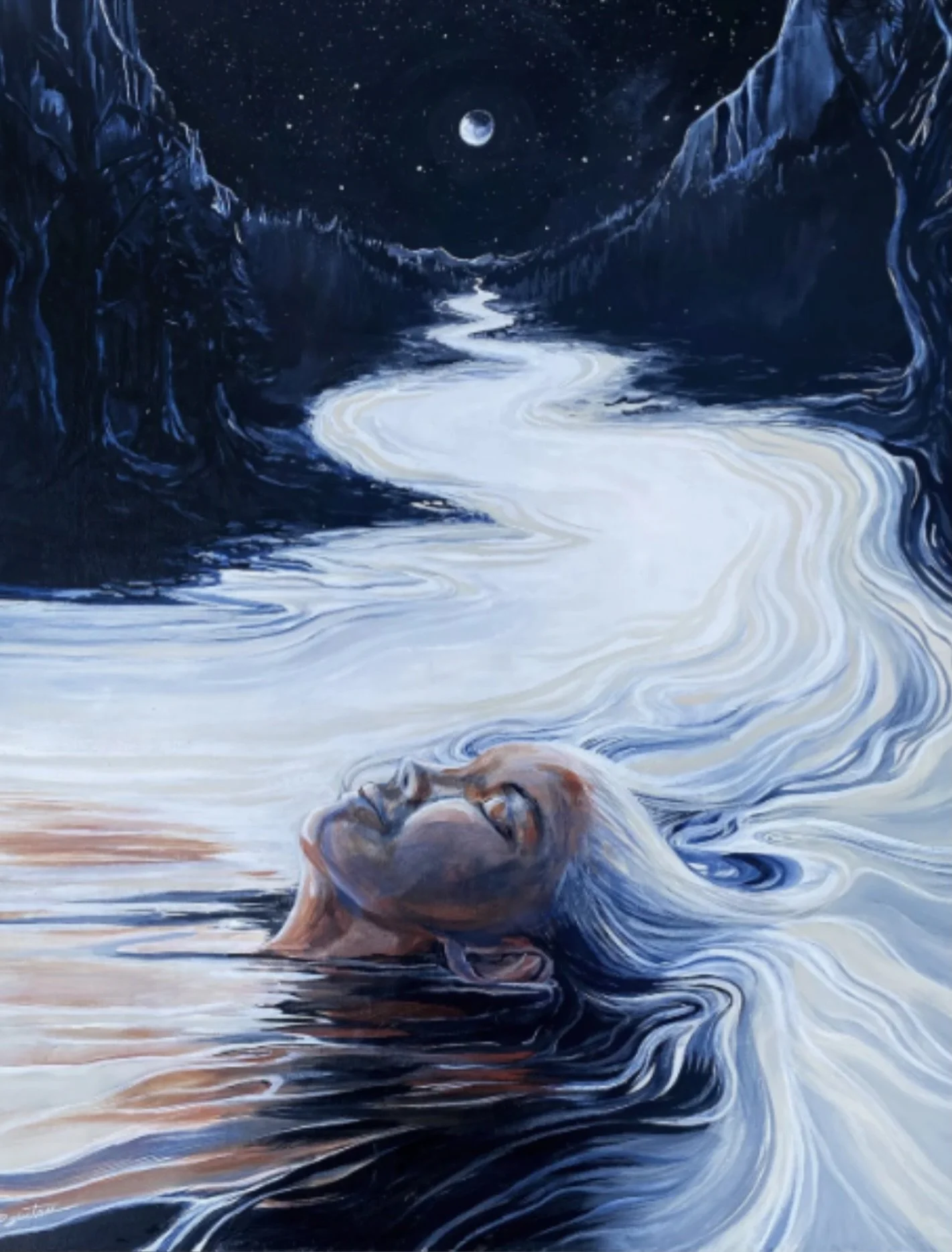 Float
Acrylic on wood, 24x30, framed in handmade aspen floater frame

In a deep state of grief, I had a dream that I was floating down a tranquil river on a beautiful summer day, while the bugs drifted against a clear, deep blue sky like tiny Chinese