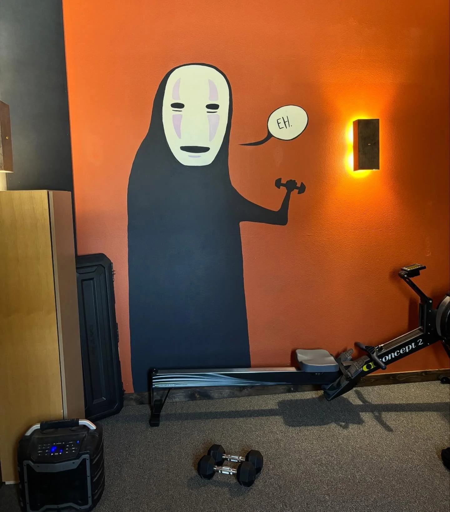 Sometimes adulting looks like painting a Japanese cartoon character on your wall to motivate yourself to actually do your PT exercises. 

#noface #spiritedaway #homegym #montanamuralartist #miyazakifanart