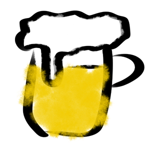 A yellow beer mug filled with beer and topped with foam, with some foam spilling over the sides.