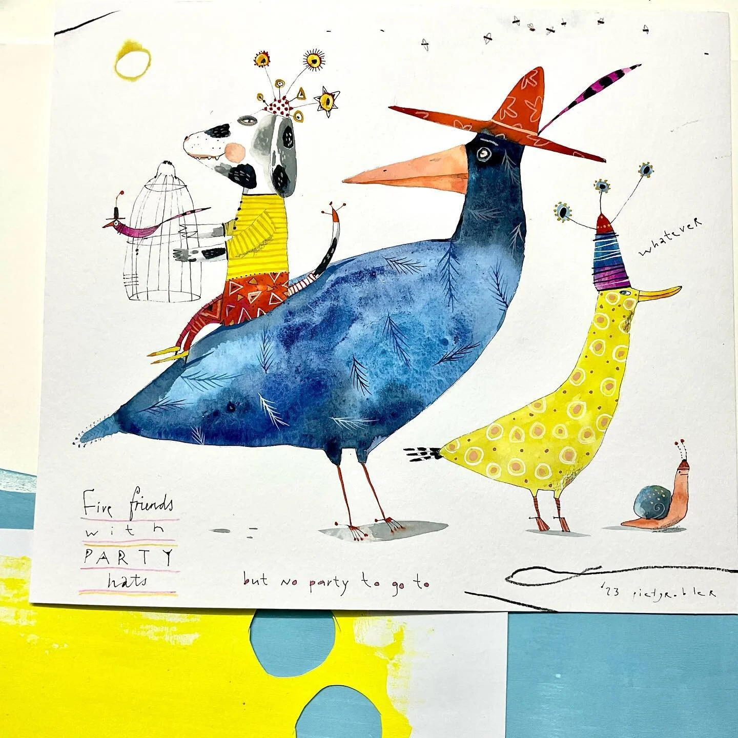 FIVE FRIENDS WITH PARTY HATS but no party to go to.
Mixed media
#childrensbookillustrators #illustrationsartists #folkartlife #illustrationsoninstagram #picturebookillustrator #illustrationlovers #birdillsutration #illustrationarts #illustrationinspi