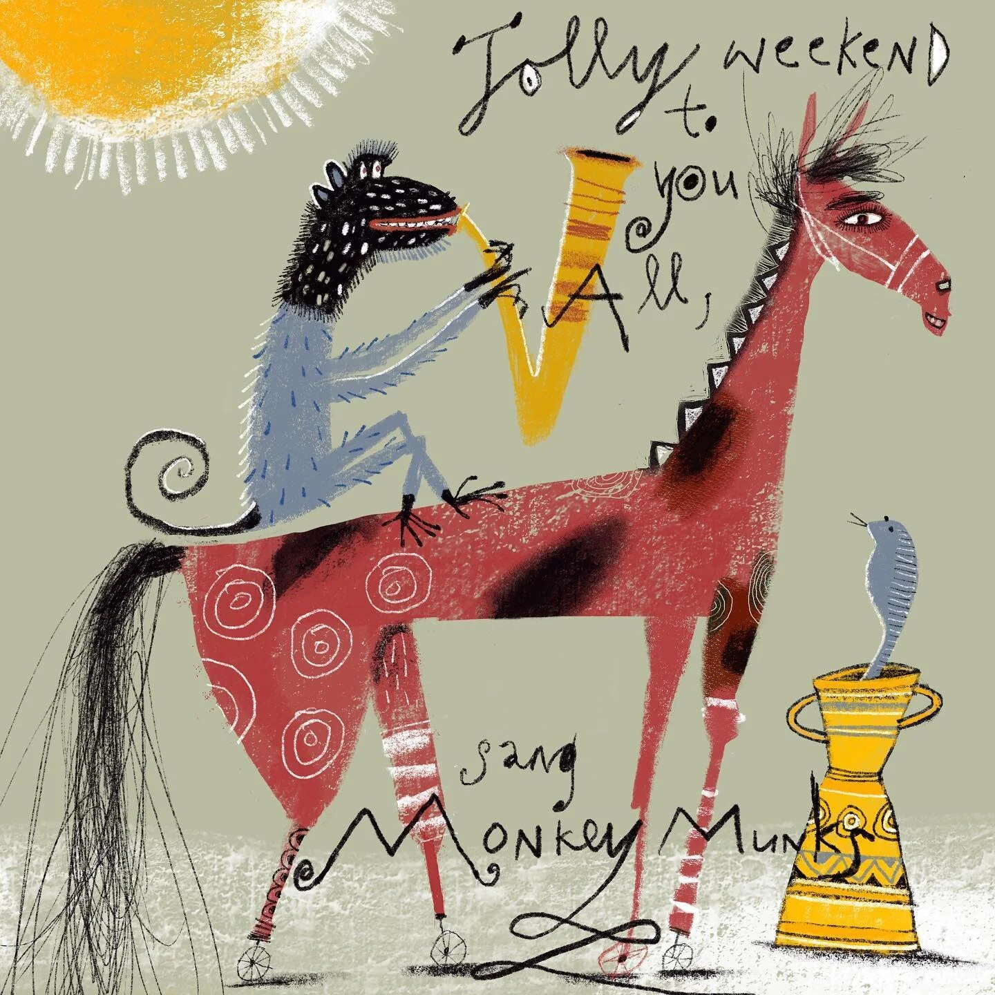 Jolly weekend to you all, sang Monkey Munks
@procreate

#illustrationsartists #snake #folkart #illustrationsoninstagram #picturebookillustrator #illustrationlovers #illustrationstyle #illustrationarts #illustrationinspiration #weekend #horse #inspira