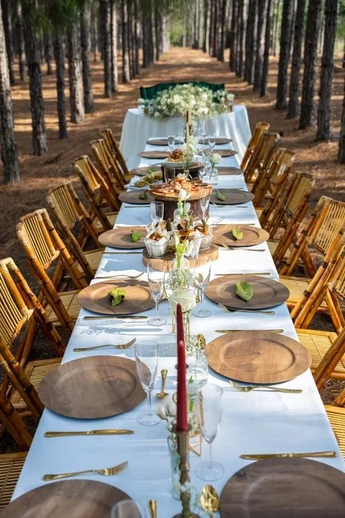 Long dinner table in pine forest at outdoor wedding venue near Bartow Florida
