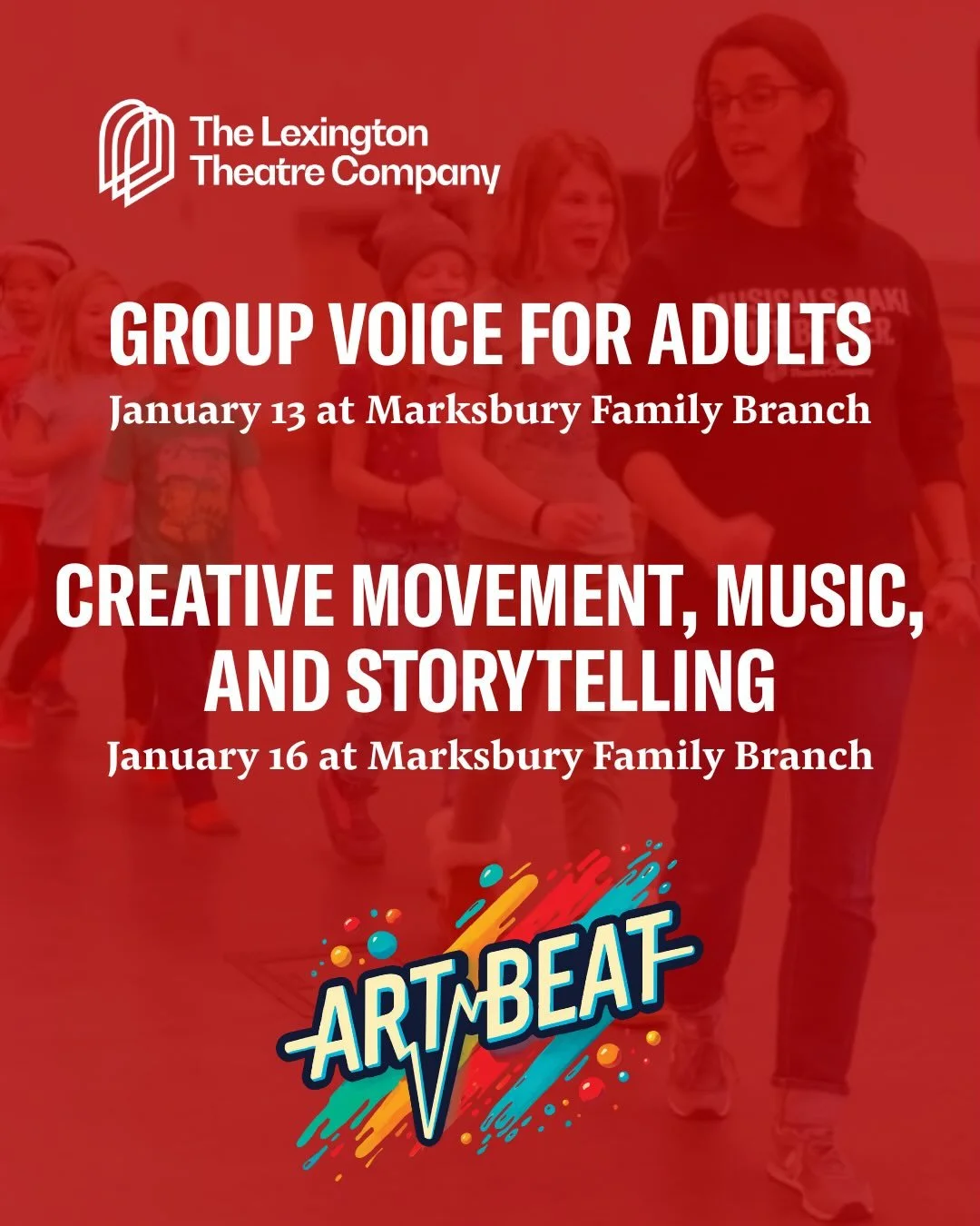 This Week at The Lex!

✨We have a fun week ahead with ArtBeat and our friends at @lexpublib! Join us for Group Voice for Adults at the Marksbury Family Branch on January 13 at 11am, or bring your little one to Creative Movement, Music, and Storytelli